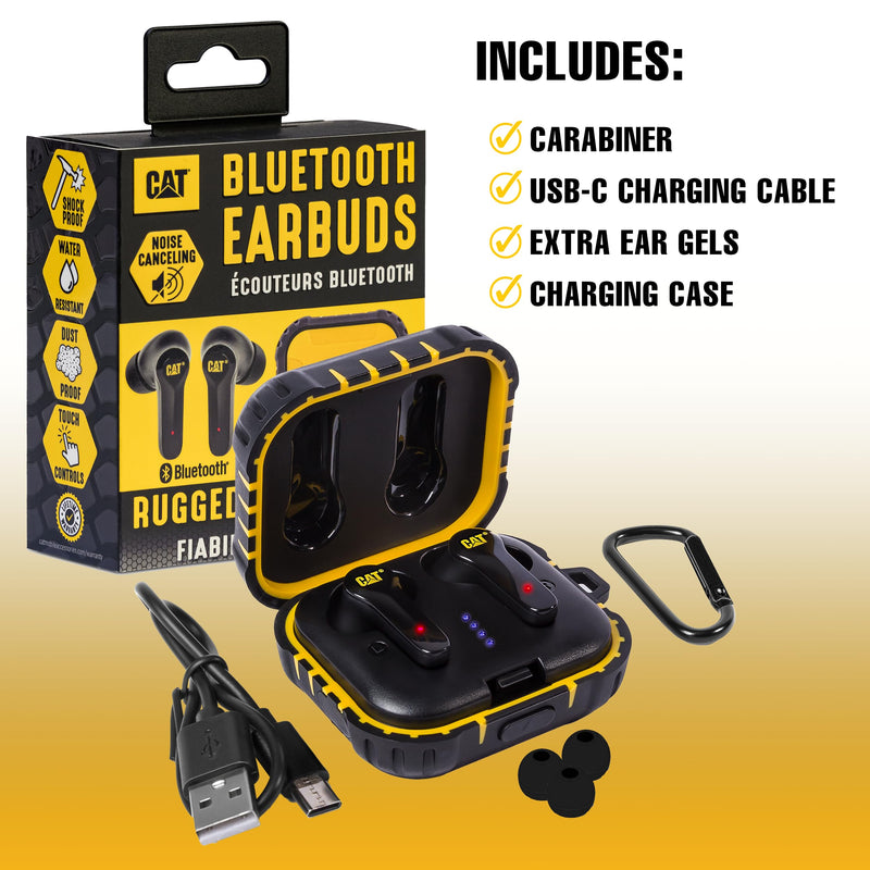 CAT Bluetooth Noise Canceling Ear Buds - Rugged Wireless Work Earbuds, Bluetooth Work Headphones, Dust Proof, Shock Proof, Water Resistant, Compatible with Apple, Android