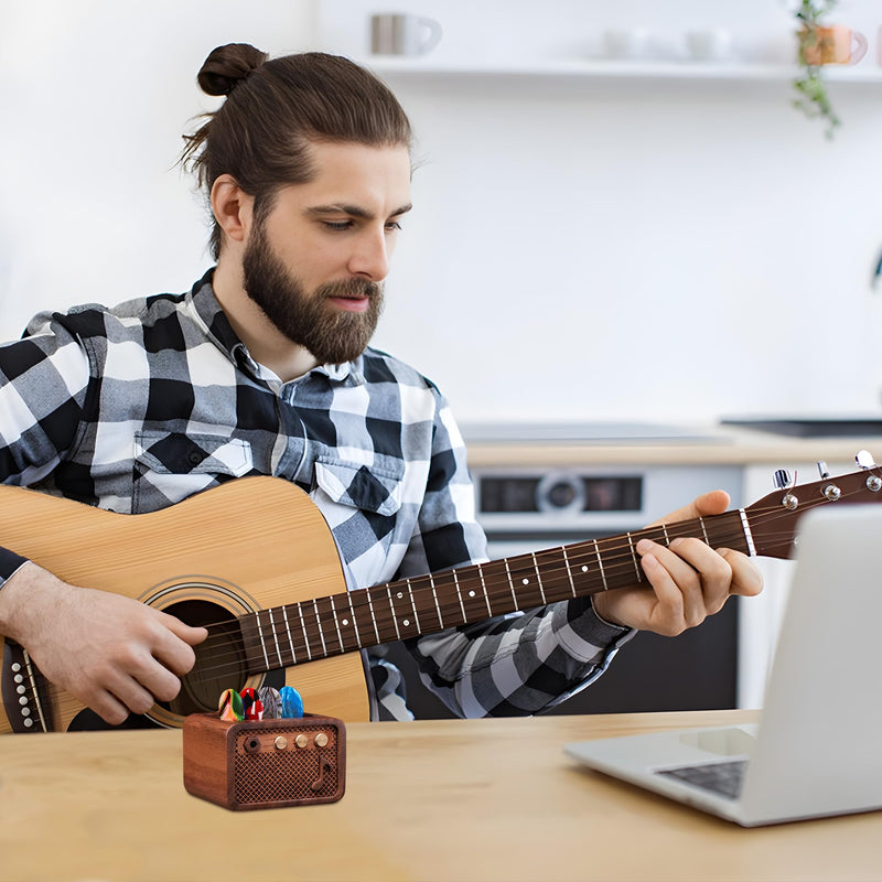 Guitar Pick Holder, Walnut Wood Electric Guitar Amp Styled Pick Holder for Picks Storage and Display, Gift for Guitar Players Guitarists Style Walnut