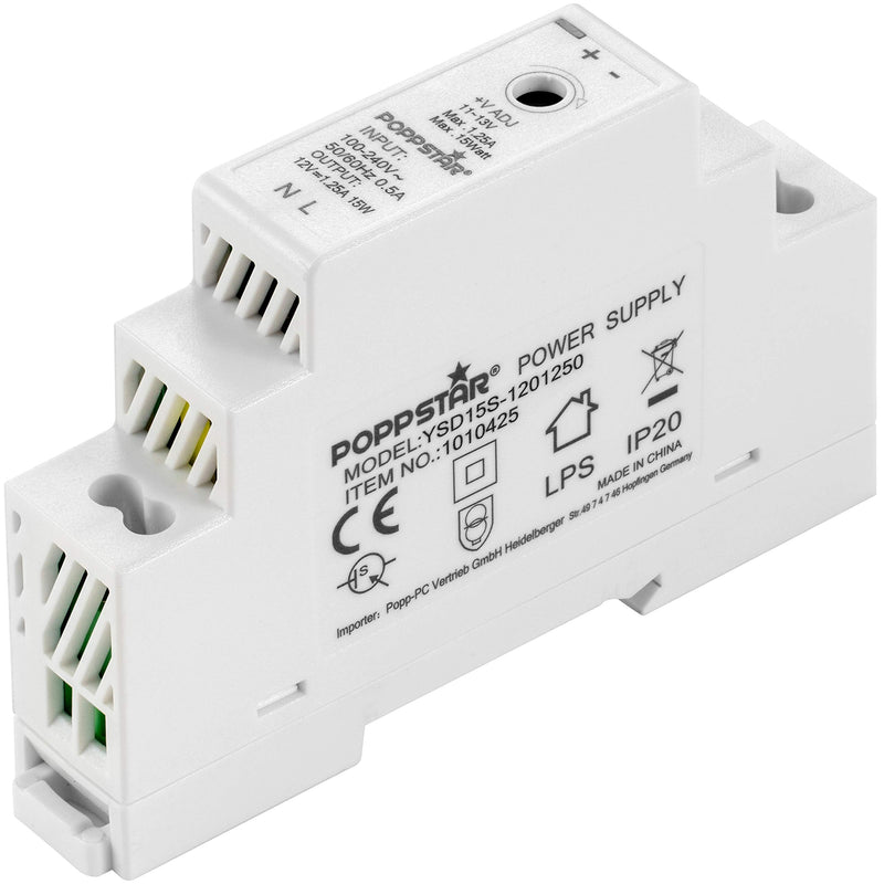 Poppstar Top-Hat Rail Power Supply P-15-12- 12V DC 1.25A 15 W (Input 100-240 V AC 50/60 Hz) 18 x 90 x 58 mm 12 V DC 1,25 A 15 W