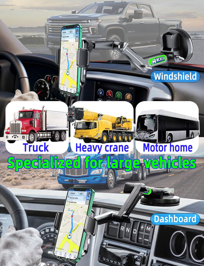 Truck Phone Holder Wireless Car Charger Mount, 15W Fast Charging | 14-Inch Long Arm, Strong Vacuum Dashboard & Windshield Mount, Heavy Duty Trucks and Pickup Accessories, for iPhone Samsung LG black--Wireless Charger