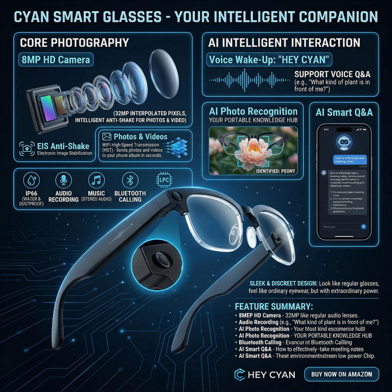 AI Smart Glasses with Camera 1080P POV Video Recording Photochromic | Real-time audio translation & open-ear Bluetooth music call