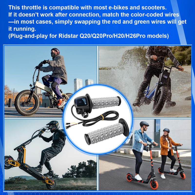 [AUSTRALIA] - Full Twist Throttle Fits for Ridstar Q20, 48V True Plug and Play Taper Handles Ebike Throttle 3 Pin Easy Installation, LCD Display with Key Lock, Throttle Grips for Ebike Motorcycle Scooter Modern 