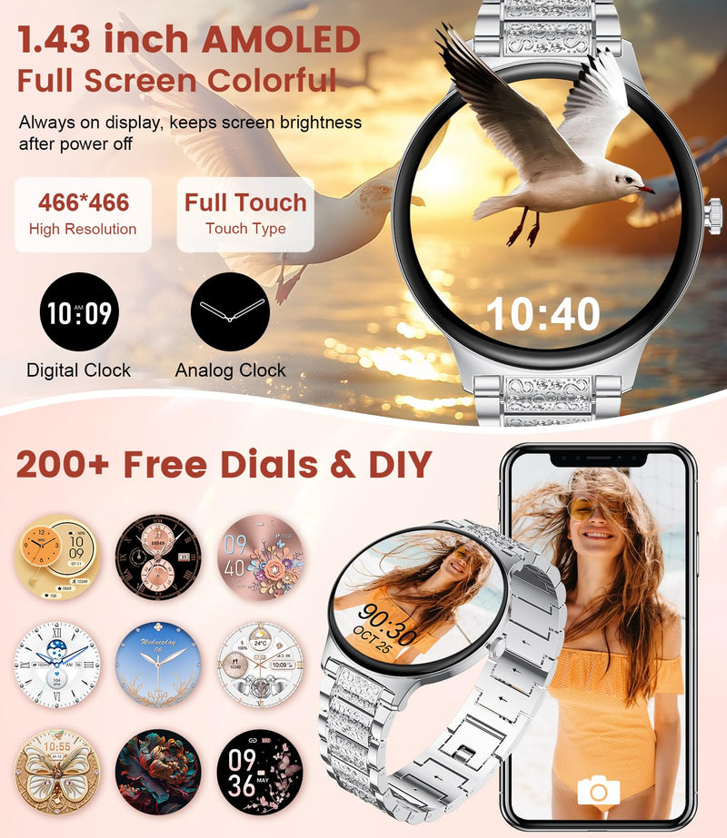 LIGE Ultra-Thin Smart Watch for Women,1.43" Always-on Display Smart Watch with Bluetooth Call,Health Tracker 100+ Sports Modes, Mutifuction Women Smartwatch for Android iOS 2 Straps(Silver) Silver