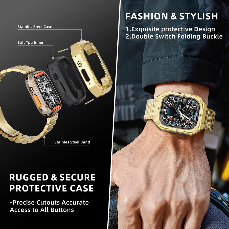 Casual Stainless Steel Case with Band Compatiable for 49mm Apple Watch Ultra Bands for Men,Metal Apple Watch Bumper Case Cover with Strap for iWatch Band Ultra 3/2/1,Gold Gold-3 49mm (Ultra 3/2/1）
