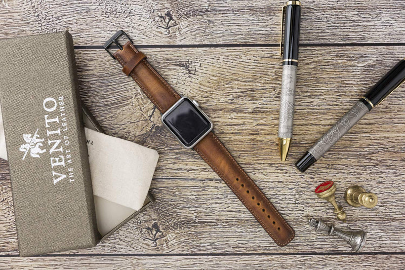 Tuscany Leather Bands Compatible with Apple Watch 49mm 45mm 44mm 42mm Band, iWatch Replacement Strap for Series 1, 2, 3, 4, 5, 6, 7, SE, 8, Ultra, Sport (Antique Brown w/Black Connector&Clasp) Antique Brown w/Black Connector&Clasp