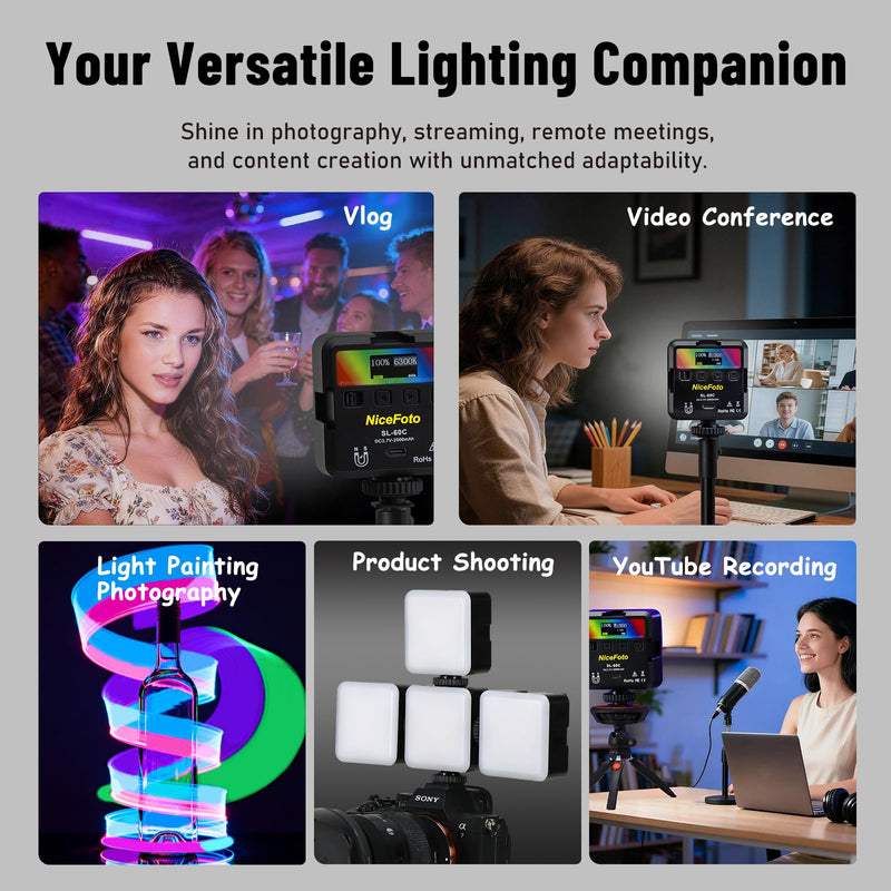NiceFoto RGB Video Lights, 360° Full Color LED Video Light with 3 Cold Shoe Mounts, 2500K-9000K, CRI 96+, 18 Scene Modes, Magnetic RGB Camera Light for Vlog Filming, TikTok, Live, Photography