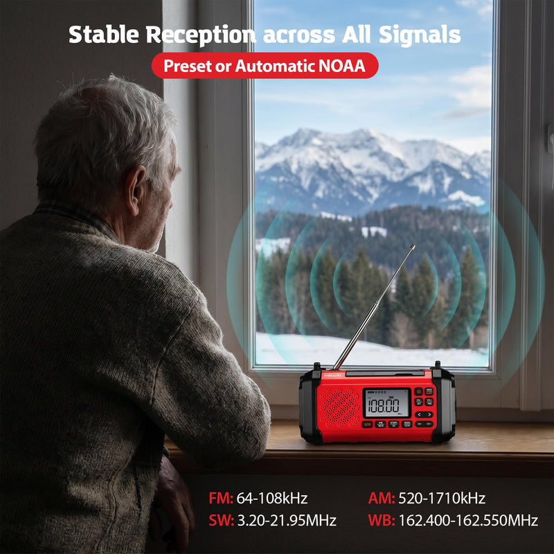 NOAA Emergency Weather Radio,10000mWh Weather Alert Radio, Hand Crank Radio with LED Flashlight,AM/FM,USB/Solar/Hand Crank Charging,SOS Alarm for Indoor/Outdoor Emergency