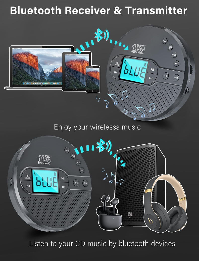 2000mAh Rechargeable Discman CD Player:Walkman CD Player with Bluetooth FM Transmitter,Headphones,LCD Screen,AUX,Built-in Speaker,USB-Portable Personal CD Player Anti-Skip Protection for Car CD35 Grey