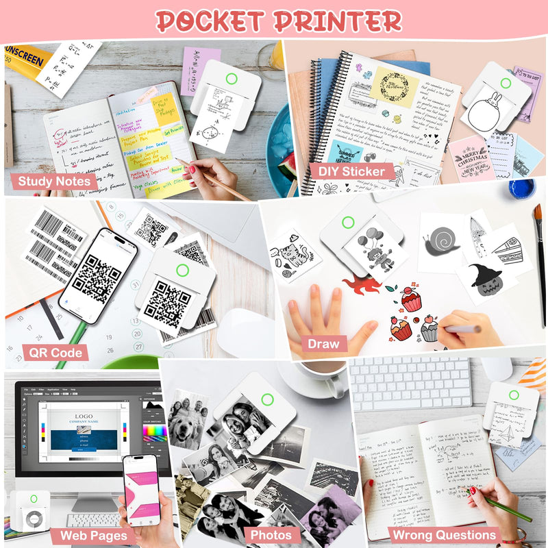 Mini Printer, Portable Thermal Printer with 10 Rolls Paper, Sticker Printer Machine, Study Printer for Notes, Photos, Journals, DIY, Mini Pocket Printer Compatible with Android & iOS 1 White Printer & 10 Rolls Paper