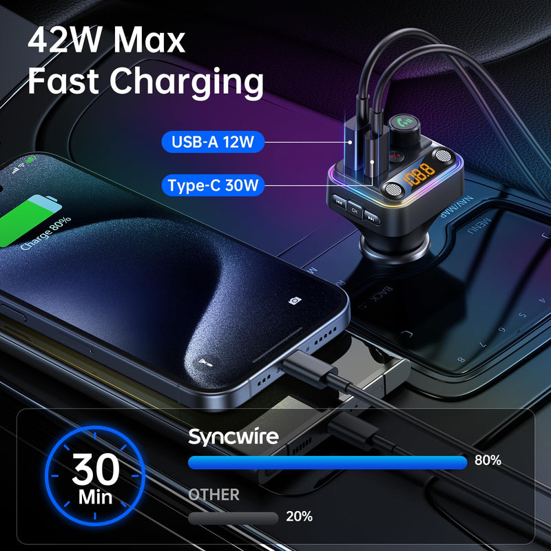[AUSTRALIA] - Syncwire Bluetooth 5.4 FM Transmitter Car Adapter 42W [Light Switch] [Stronger Dual-mic] [HiFi Bass Sound] [Fast Charging] Wireless FM Radio Stereo Music Adapter Hands-Free Calling Support USB Drive Black 