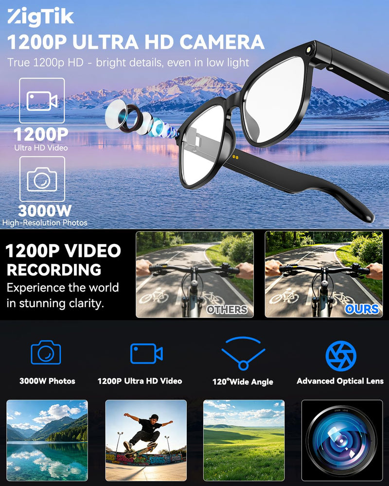 Smart Glasses with Camera, 8MP Anti-Shake Photochromic Smart Glasses | 1200P HD Video, Real Time Translation, AI Voice Assistant, Open Earbuds, Travel, Work Black