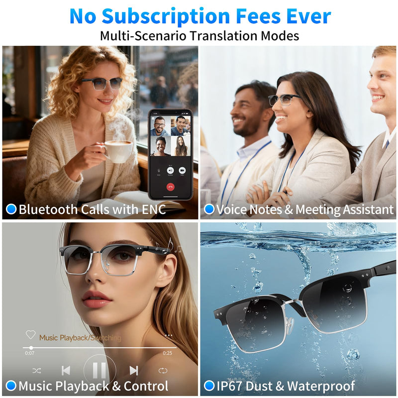 AI Translation Glasses, 164 Languages Real-Time Translator, Black Plastic Frame, Bluetooth 6.0, IP67 Waterproof, Voice Assistant for Business Travel (photochromic Lenses) photochromic lenses