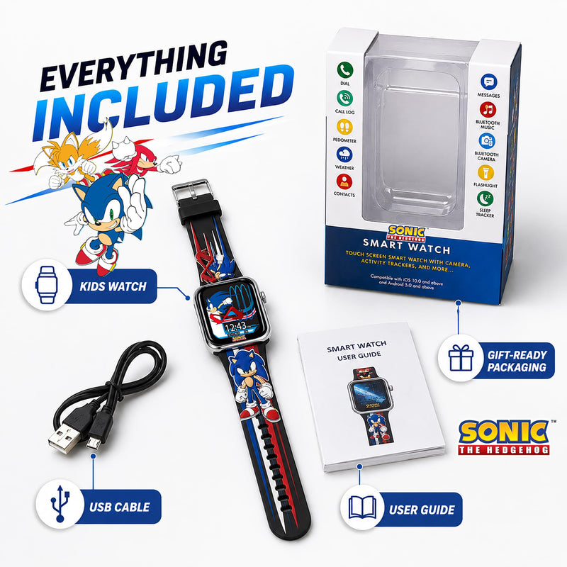 Accutime SEGA Sonic the Hedgehog Black Adult Smartwatch for Men, Women, Unisex - Touchscreen Camera, Weather, Messaging, Sports, Music, Heart Rate Monitor, Pedometer & More (Model: SNC4352M)