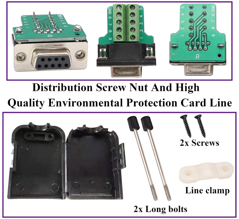 AAOTOKK DB9 Screw Terminal Block Adapter D-SUB 9-pin RS232 Female to 9 +1 Pin/Way Female Serial Terminal Breakout Board Connector Signal Module with case (2Pcak/Female)