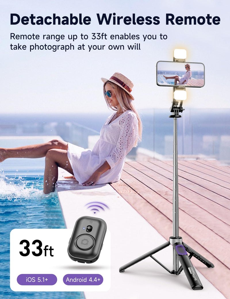 [AUSTRALIA] - 53'' Selfie Stick Tripod with Light, Extendable Selfie Stick with Remote, Portable Cell Phone Tripod Stand with All in 1 Phone Clip, Lightweight Camera Tripod Compatible with iPhone 15 14 13, Android 