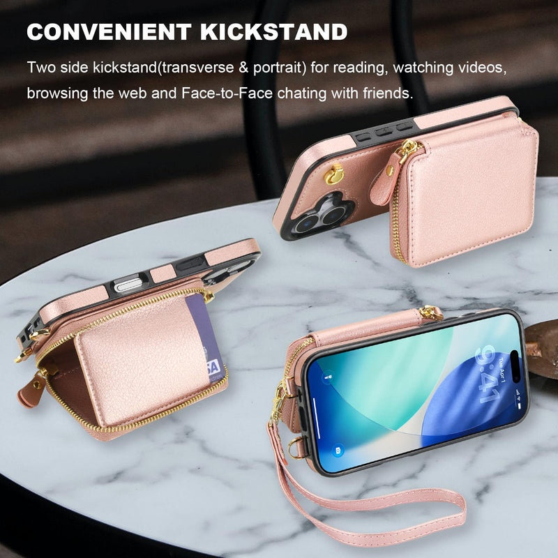 Bocasal for MagSafe Crossbody Wallet Case for iPhone 17, Rose Gold | for Wireless Charging RFID Blocking Protective Purse Case with Card Slot Holder Kickstand Wrist Strap Lanyard Zipper 6.3 Inch Rose Gold for MagSafe