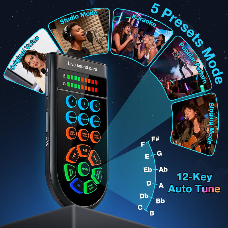 [AUSTRALIA] - M300 Small Handheld Sound Card Set for Singing & Live Streaming, Voice Changer with Reverb/Vocal Enhancement/Vocal Changer/Sound Effects, w/AUX/Type-C/Bluetooth in, Includes Condenser Mic & Headphones 