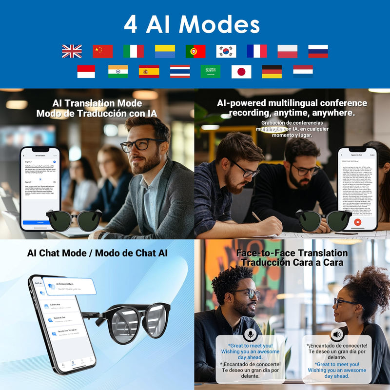 GetD Smart Sunglasses, Round Polarized Lens Bluetooth Glasses for Women and Men with Speaker, Music Glasses AI Translator, 11H Battery Life, Voice Control, Smart Eyewear for Travel Driving Meeting