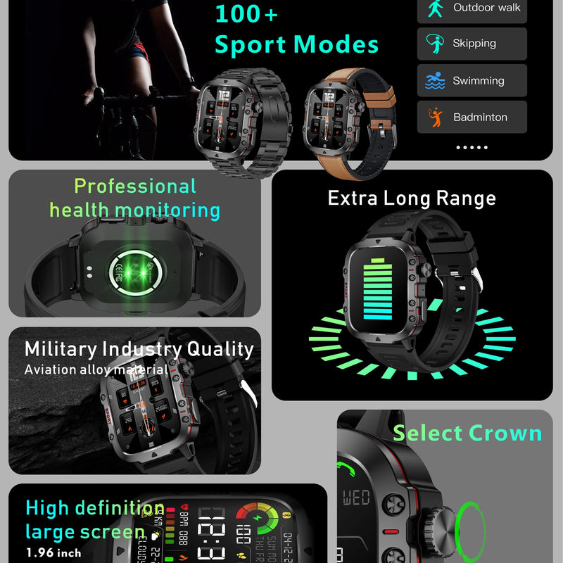 Military Smart Watch for Men(Answer/Dial Calls), 5ATM Waterproof Smartwatch Fitness Tracker for Android iPhone, 1.96" Activity Tracker with Heart Rate Sleep SpO2 Monitor, Calorie, 3 Straps (Brown) Brown