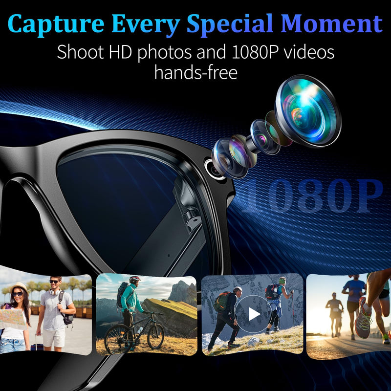 AI Smart Glasses with 8MP Camera, 1080P Video & HD Photo, Bluetooth Audio, AI Voice Assistant, Real-Time Translation, Object Recognition, Noise-Cancel Calls, Photochromic +2 Sunglasses Lenses Black