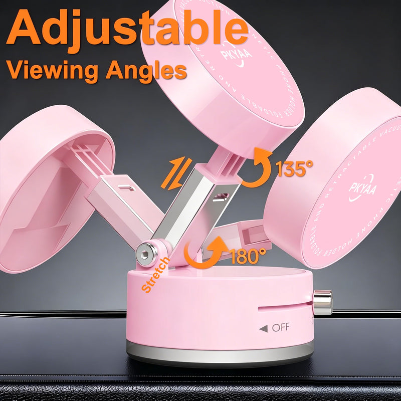 PKYAA 2026 Upgraded Foldable and Retractable Magnetic Mount, Vacuum Suction Magnetic Phone Holder, A Movable Vacuum Suction Cup Car Phone Stand for Cars/Gyms/Mirrors/Smooth Surface (Pink) Pink