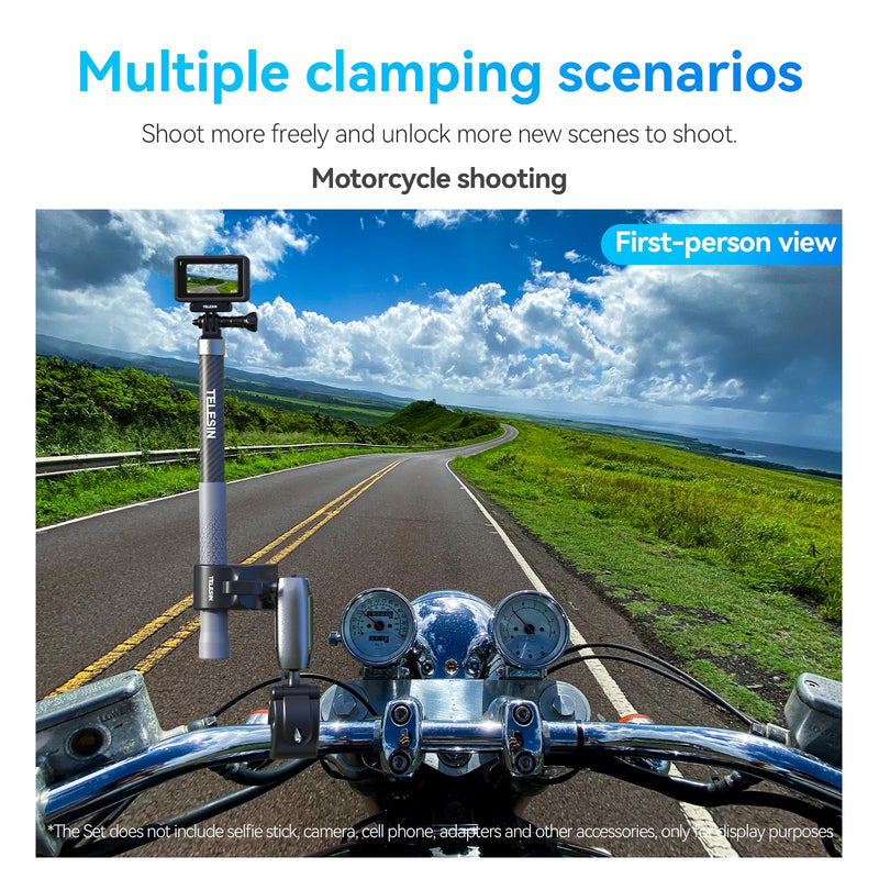 [AUSTRALIA] - TELESIN 360 Dual Ball Clamp Mount, Bike Bicycle Motorcycle Handlebar Stick Pole Mount Holder Accessories for DJI Osmo Action 6 /Osmo Nano/Osmo 360 /Osmo Action 5 Pro, Hero 13 12 11 10 9, Insta 360 X5 Metal Dual Ball 