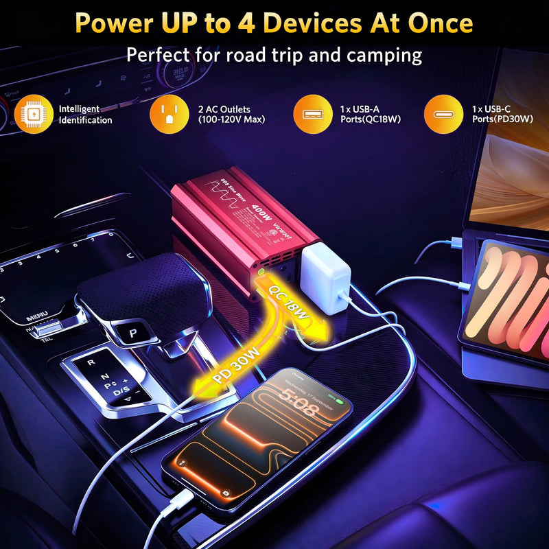 400W Car Power Inverter, DC 12V to AC 110V, PD3.0 QC18W 2 Outlets Dual USB | Peak Clipped Sine Wave, Car Charger Plug Adapter Power Converter, Charging Ports (Red-400) Red-30