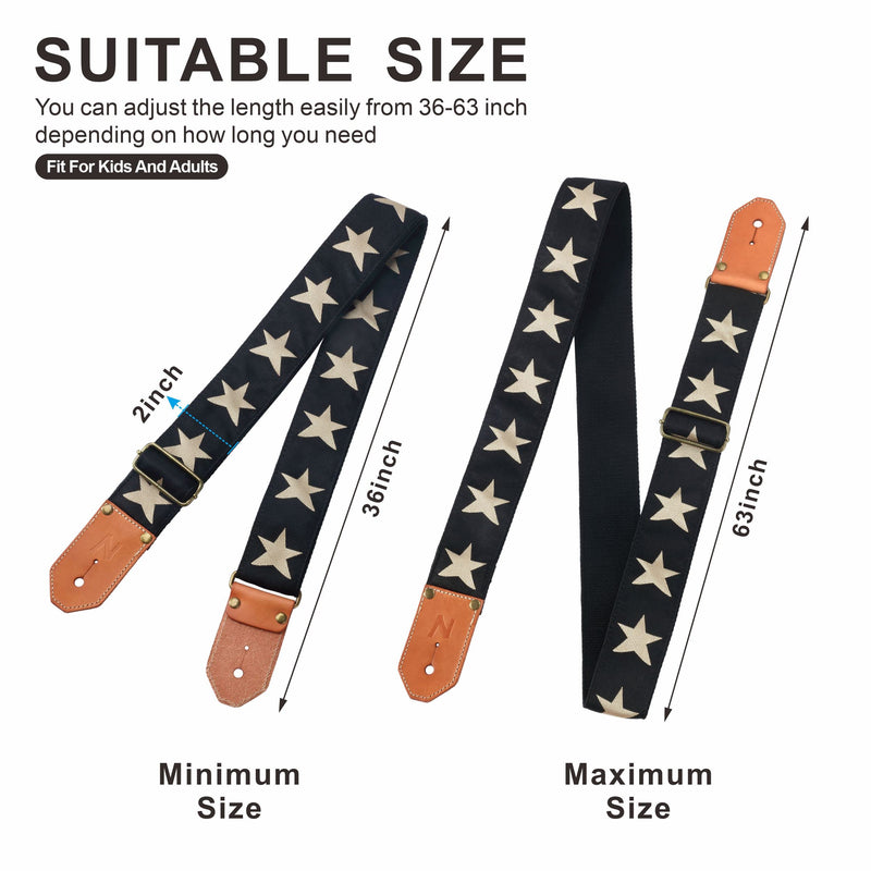 Nefelibata Cool Woven Guitar Strap -Cotton Guitar Straps with Thicked First Layer Vegetable Tanned Cowhide Leather Ends for Acoustic, Bass, Electric, Best Gift for Your Love Guitarists(Star) Star
