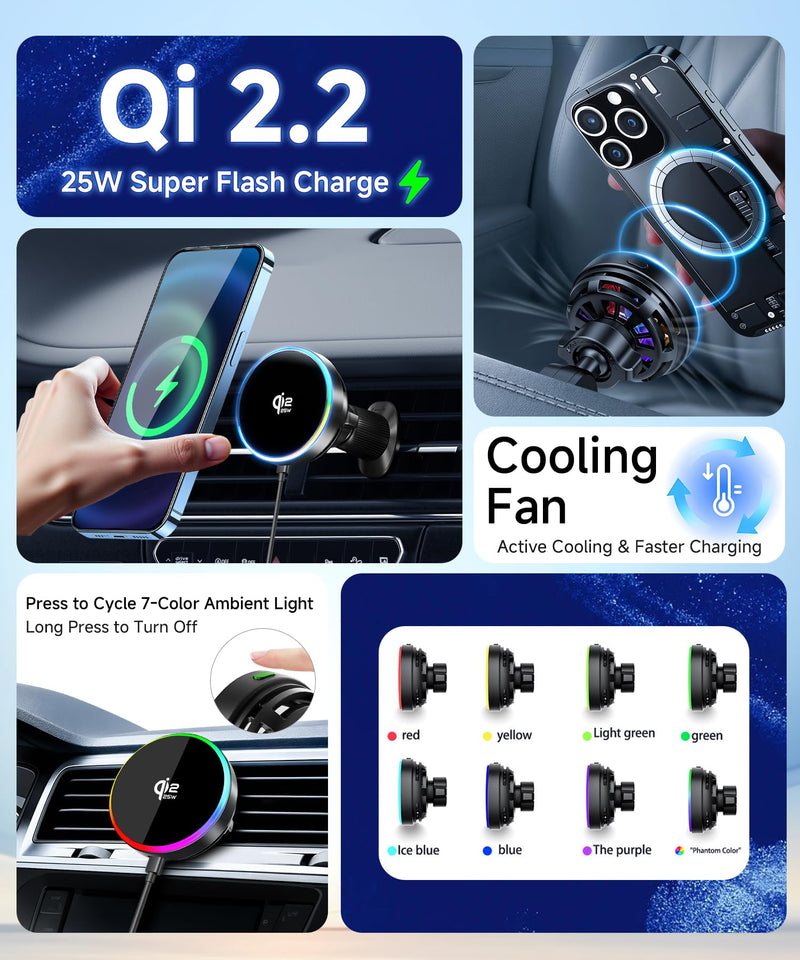 Qi2.2 25W Dual Cup Holder Car Charger with Phone Mount, Holds 2 Phones | Qi2.2 25W Dual Cup Phone Holder Car Charger, MagSafe Compatible, Holds 2 Phones Simultaneously, Fits 4-7.2" Smartphones Clamp & Charger