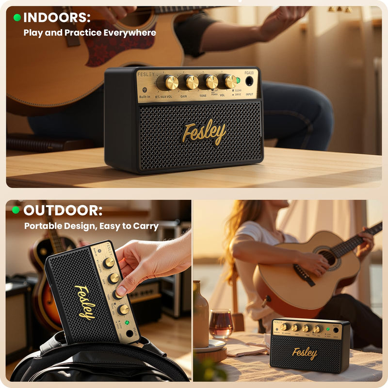Fesley Mini Guitar Amp: 10W Portable Recharged Guitar Amplifier, Bluetooth Amp with Clean and Drive Channels, Mini Amplificador for Practice with 3.5mm Headphone Output, FGA10