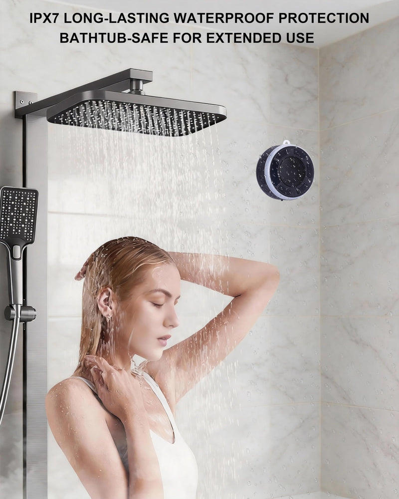 Shower Speaker Bluetooth Waterproof, Portable Wireless Bathroom Speaker with HD Sound & Deep Bass, IPX7 Waterproof Mini Speaker with Shower Phone Holder, for Shower, Pool & Travel