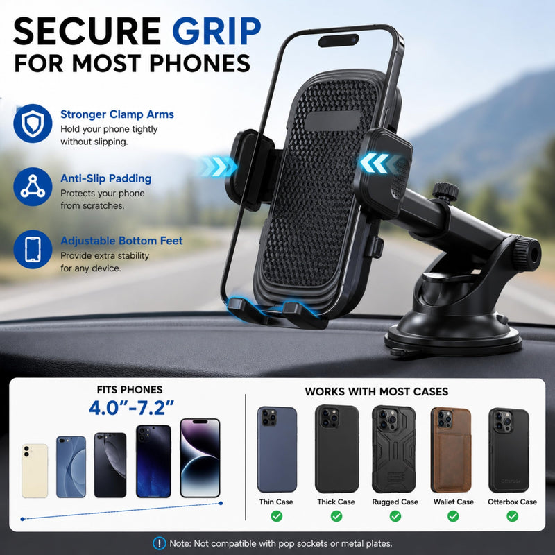 Wireless City Car Phone Holder, Ultra Stable, Big Phones & Thick Case Friendly, Adjustable Long Arm Cell Phone Holder for Car Dashboard Windshield Car Mount