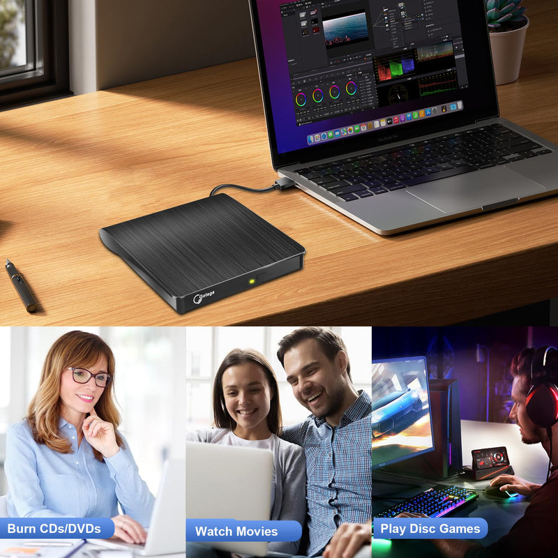 Gotega External DVD Drive, USB 3.0 Portable +/-RW, DVD Player for CD ROM Burner Compatible with Laptop Desktop PC Windows Linux OS Apple Mac Black Small