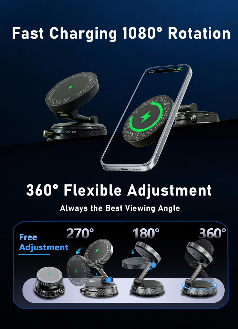 15W Magsafe Wireless Fast Charger Car Phone Mount Holder with Vacuum | ULiiZOMIR Adjustable Magnetic Mount, Strong Grip Dashboard & Windshield Holder for iPhone 12-17 and Android Devices