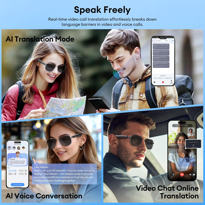 PAXA Metal Frame Smart Audio Sunglasses with Translation App, UV400 | Metal Frame Comfort, Adjustable Nose Pads, Anti-Slip Fit, UV400 Lenses, Open-Ear Audio & Translation App Support Metal Frame - Black