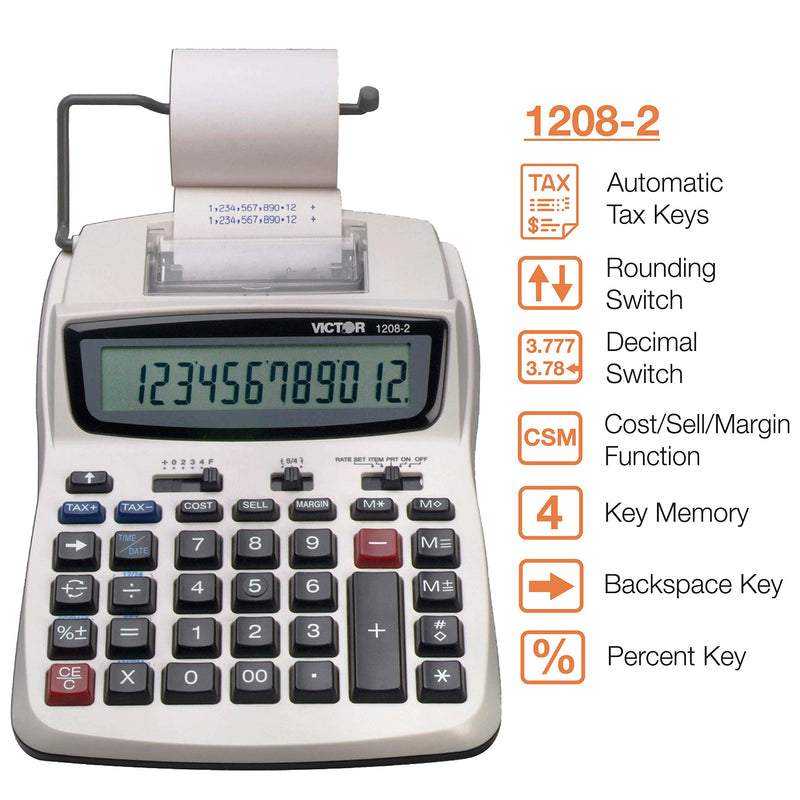 [AUSTRALIA] - Victor Printing Calculator, 1208-2 Compact and Reliable Adding Machine with 12 Digit LCD Display, Battery or AC Powered, Includes Adapter,White 1.5" x 6" x 7.5" 