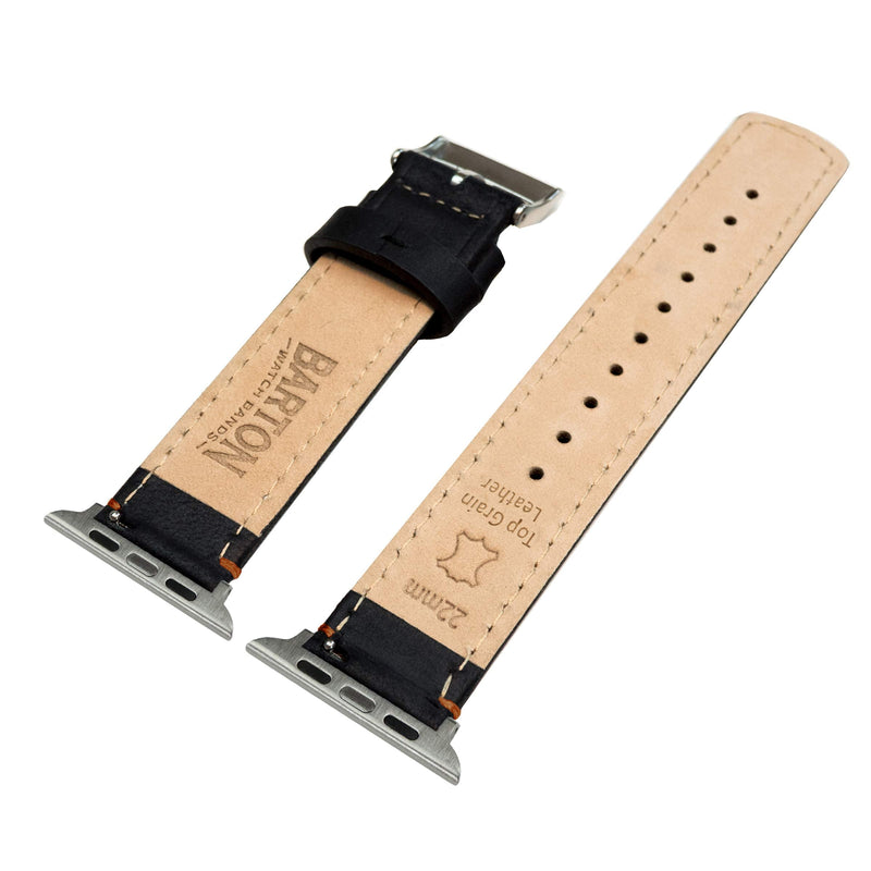 BARTON WATCH BANDS - Top Grain Leather Watch Bands Compatible with Apple Watch Models - 1, 2, 3, 4, 5, 6, 7, 8, 9, 10, SE, Ultra & Ultra 2 38 mm/40 mm/41 mm Black Leather / Orange Stitching