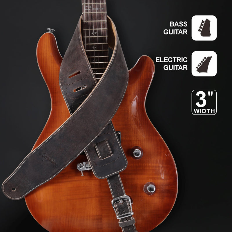 Nefelibata 3" Wide Extended Guitar Strap, Full Grain Cowhide Leather with Foam Padding and Detachable Extension Strap for Heavy Duty Guitars like Bass and Electric Guitar Brown