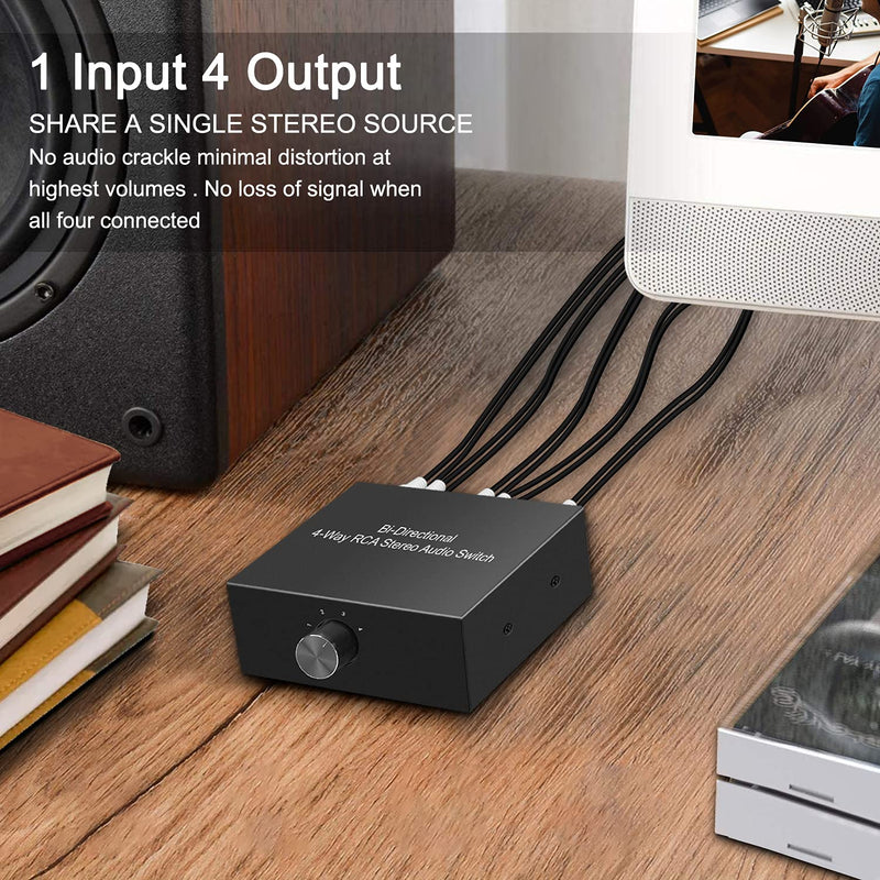 [AUSTRALIA] - 4-Way Stereo L/R Sound Channel Bi-Directional Audio Switcher, 1 in 4 Out or 4 in 1 Out, L/R Sound Channel Audio Switch Splitter RCA Stereo Switch Selector for DVD Stereo Speaker CD Player Bi-Directional RCA Switch 4 Port 