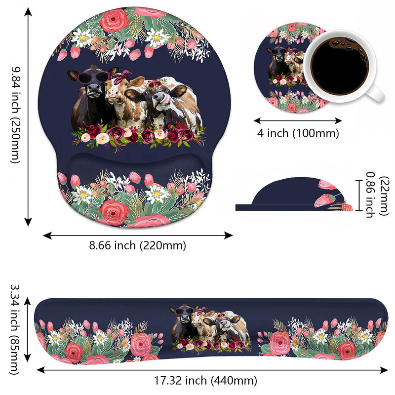 Keyboard Wrist Rest and Mouse Pad Wrist Support Set, Non-Slip PU Base Ergonomic Gaming Mousepad for Home Office Working Studying Easy Typing & Pain Relief - Floral Quote Funny Cows Combination