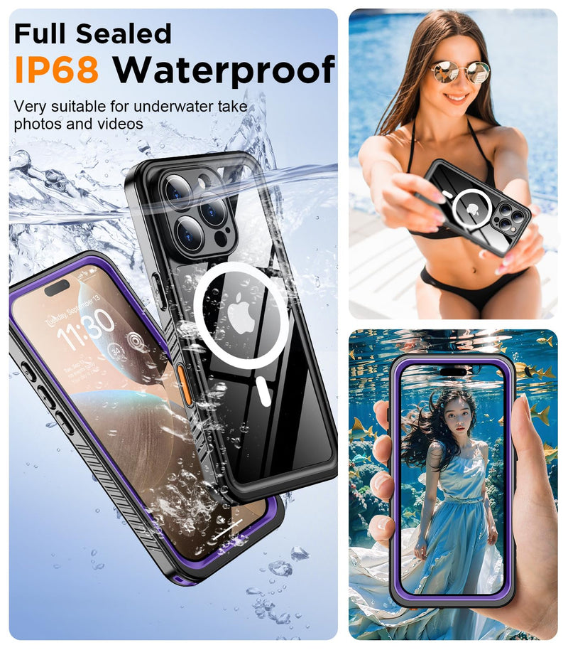 Magnetic for iPhone 16 Pro Max Case Waterproof,Built-in Screen Protector[IP68 Underwater][Upgrade Military Dropproof][Compatible with MagSafe] Full Body Shockproof Case-Purple