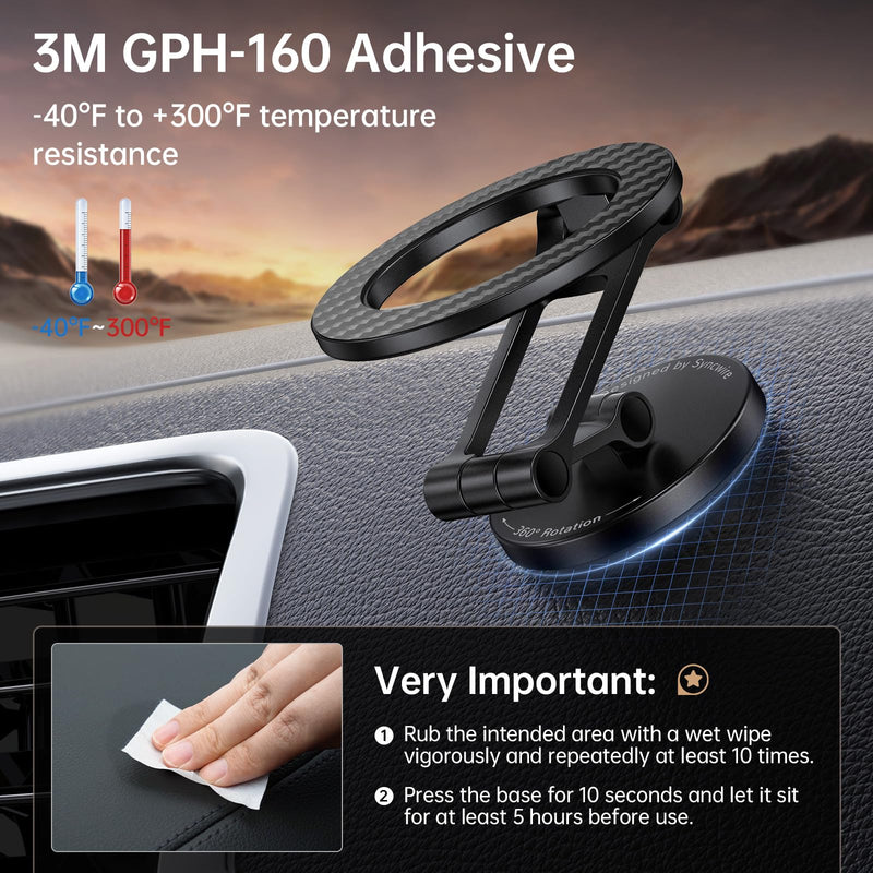 SYNCWIRE Fits MagSafe Car Mount Magnetic Phone Holder for Dash and Tesla | Strong Magnets, All Metal, Flexible 3 Axis, 360° Rotation, Dashboard and Screen Support, For iPhone 17 16 15 14 Pro Max Carbon Fiber