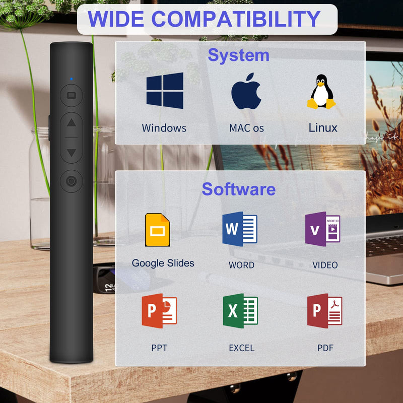 Presentation Clicker for PowerPoint Presentations, RF 2.4GHz Wireless Presenter Remote PowerPoint Clicker with Laser Pointer for Pets, Mac/Windows/Slide Advancer/Classroom/Office/PPT/Computer Clickers