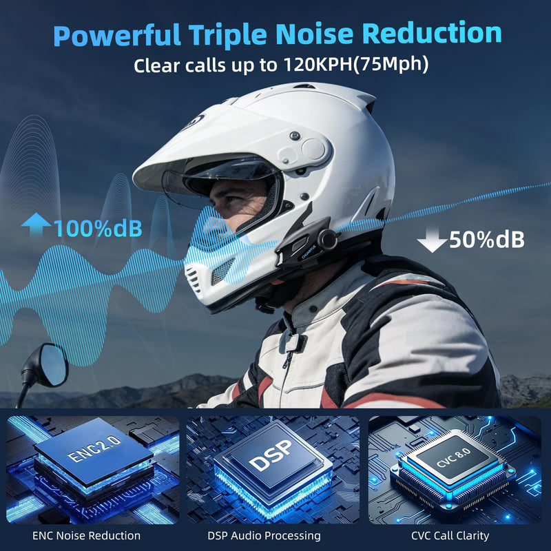 Motorcycle Helmet Bluetooth Headset, 43mm Helmet Speakers, Black, 1 Pack | 2-Way Helmet Intercom,1000m Intercom Communication,Triple Noise Reduction,Music Sharing,FM,Voice Assistant, IP67 Waterproof