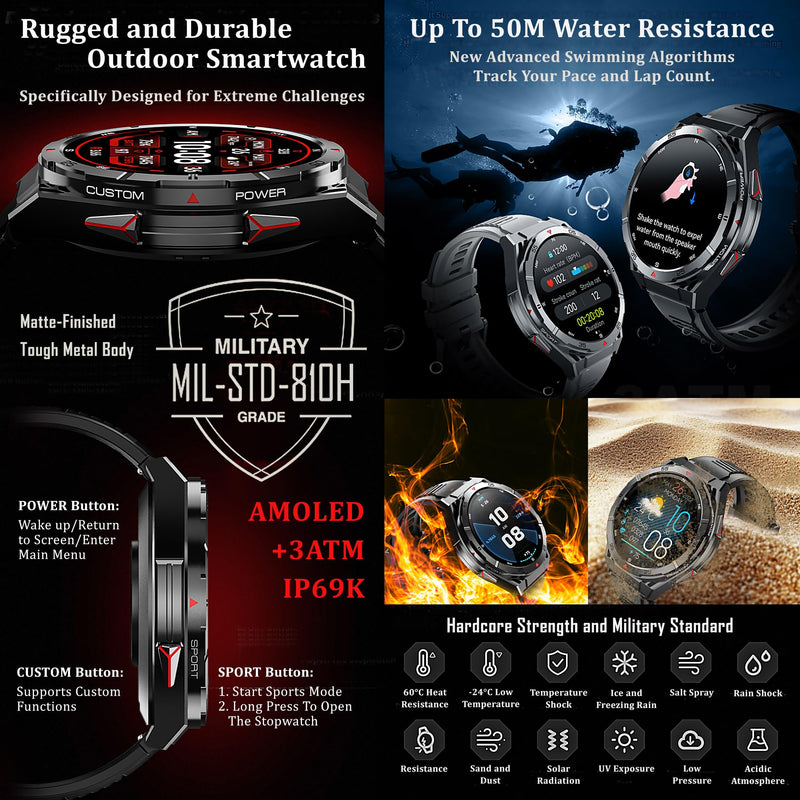 Military GPS Smart Watch: 1.43” AMOLED Always On Display, Built-In GPS, Compass, Altimeter, Barometer, Fitness/Path Tracker, BT Call, 150+ Sports, IP69K, Voice Assist, Long Battery Life, Android/iOS