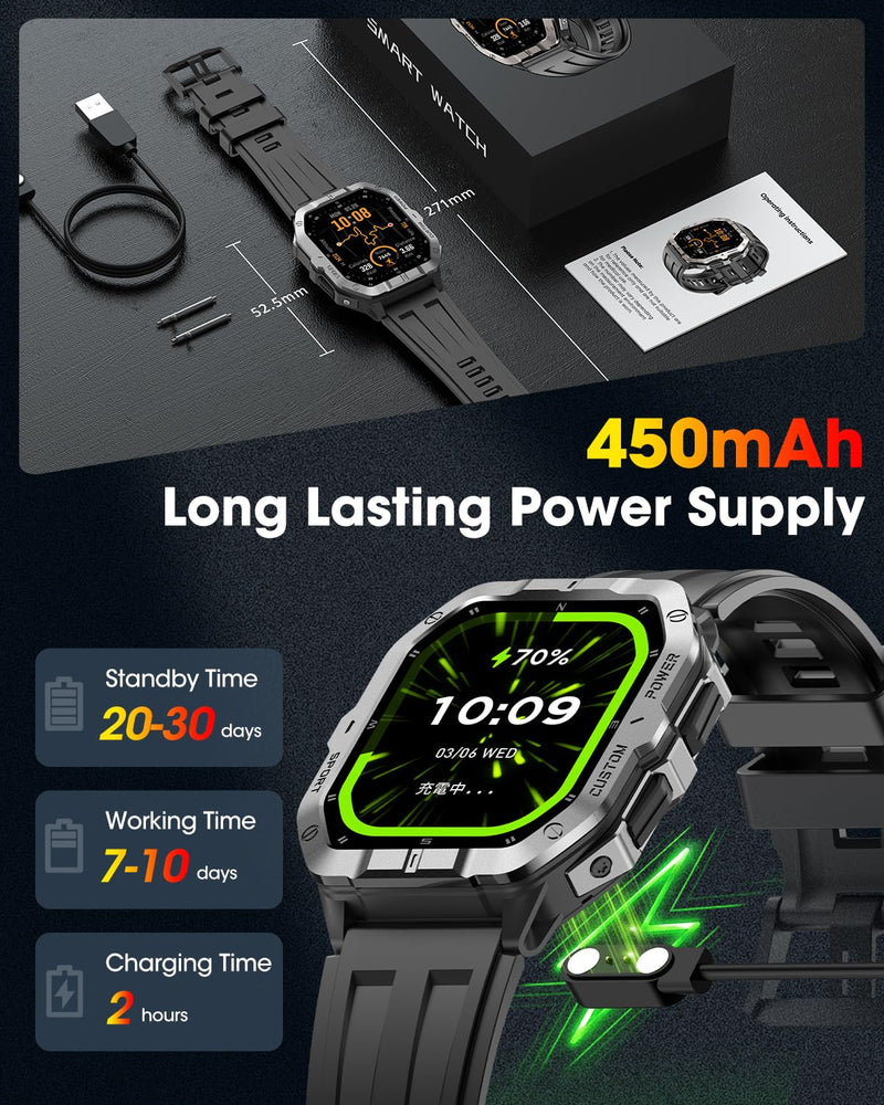 Military Smart Watches Built-in GPS, Bluetooth Call 2.02'' Smart Watches for Men, Heart Rate Monitor, Sleep Monitor, 2 ATM Waterproof, 100+ Sports Modes for Android iPhone grey Min:190mm Max:250mm