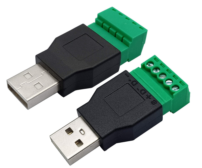 AAOTOKK USB 2.0 A Screw Terminal Block Adapter USB 2.0 A Male to 5 Pin/Way Female Bolt Screw Shield terminals Pluggable Type Adapter Connector for Charging and Data Transfer (2Pack/Male)