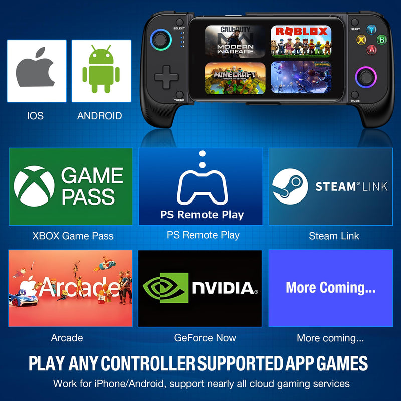 Mobile Game Controller for iPhone and Android with RGB Light, Wireless Phone Controller with Phone Case Support Turn Your iPhone into a Gaming Console Play PS Remote Play, Xbox Cloud and More Use as Mobile Game Controller