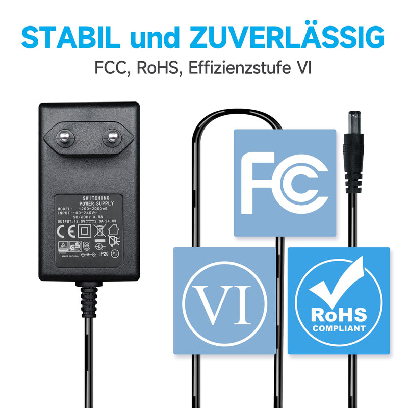 12V 2A/2000mA Power Supply Adapter, AC 100-240V 50/60Hz to DC 12V 2A/2000mA 24W, 5.5 x 2.1mm Wall Charger, Middle Positive, 1.8m Long 20AWG Cable for Stable and Flexible Use 12V-2A