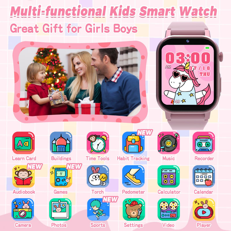 Phyulls Kids Smart Watches Girls *2, HD Touchscreen Kids Watches with Video Camera Music Player Alarm Pedometer Learn Card Audio Flashlight 12/24hr Gift for 3-12 Year Old Girls